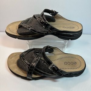 ECCO Light Women's Black Patent Croc Strappy Sandals Slides Shoes US 8 3…